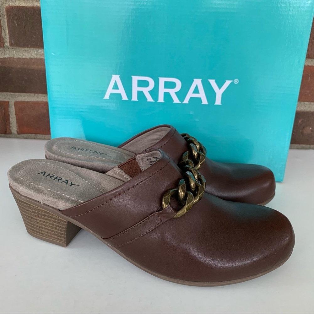 Array Womens Laurel Brown Leather slide block heel Mules Shoes US 8.5 N narrow